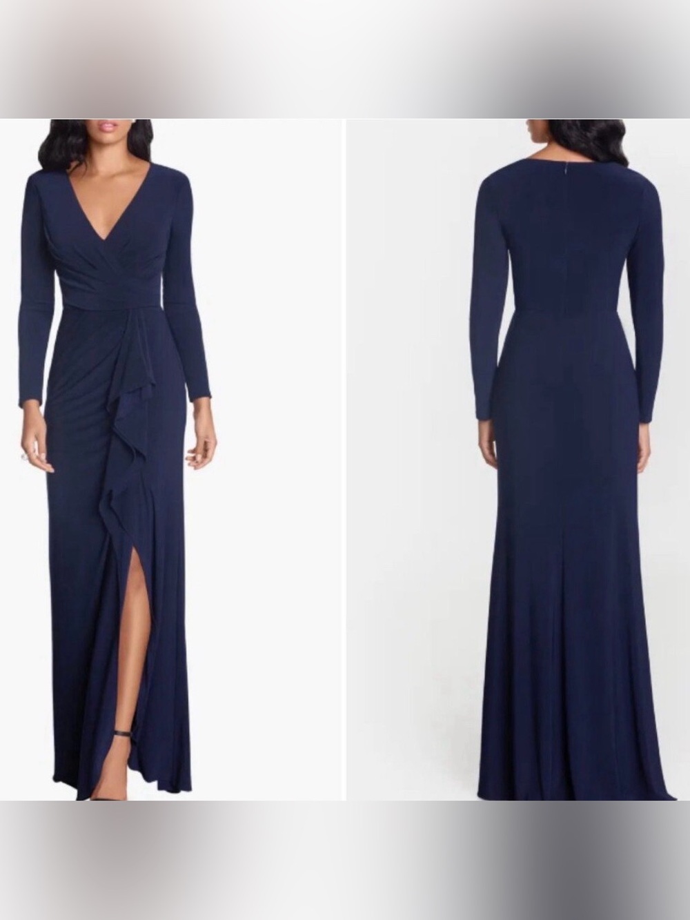 NEW Betsy & Adam Gown size 18W Navy Cascade Ruffle Long Sleeve Evening Dress